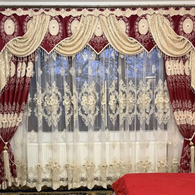 SET DRAPERIE CATIFEA 3D BRODATĂ , VIȘIN CU BEJ , PERDEA 3D TULL BRODATĂ CREM.                                                   Cod  Produd :45678