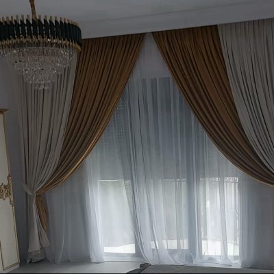SET DRAPERIE CATIFEA , CULOARE ALB CU MUȘTAR, PERDEA TRIPLUVOAL ALB.            Cod.  Produs: 07654