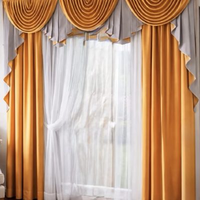 SET  DRAPERIE  CATIFEA CULOARE  GRI DESCHIS, CU  PORTOCALIU, PERDEA TRIPLUVOAL  ALB.                                    Cod.  Produs:209812