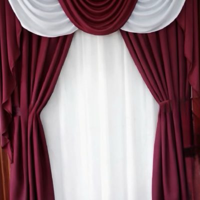 SET DRAPERIE CATIFEA CULOARE VIȘIN CU ALB, PERDEA TRIPLUVOAL ALB.            Cod. Produs:72910