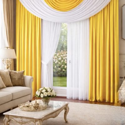 SET DRAPERIE CATIFEA, CULOARE GALBEN CU ALB, PERDEA TRIPLUVOAL ALB.             Cod. Produs:23189