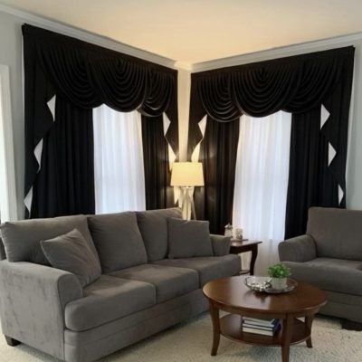 SET DRAPERIE CATIFEA CULOARE NEAGRA CU ALB, PERDEA TRIPLUVOAL  ALB.        Cod. Produs: 502276