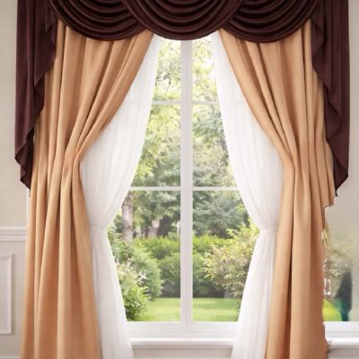 SET DRAPERIE CATIFEA CULOARE AURIU CU  MARO, PERDEA TRIPLUVOAL  ALB.        Cod. Produs: