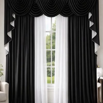 SET DRAPERIE CATIFEA CULOARE NEGRU CU ALB, PERDEA TRIPLUVOAL  ALB.        Cod. Produs: 502800