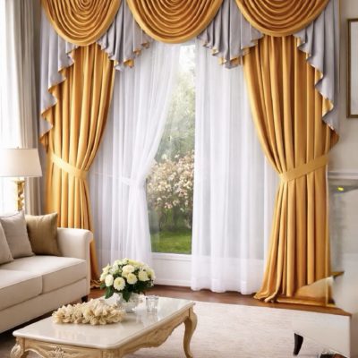 SET DRAPERIE CATIFEA CULOARE AURIU  CU GRI DESCHIS, PERDEA TRIPLUVOAL  ALB.                  Cod. Produs: 31000