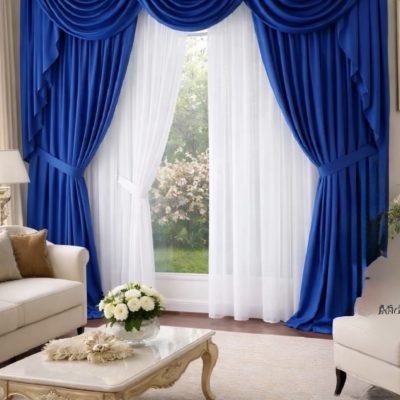 SET DRAPERIE CATIFEA  CULOARE  ALBASTRU, PERDEA TRIPLUVOAL ALB.          Cod.  Produs: 78224
