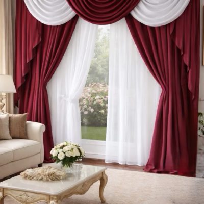 SET DRAPERIE CATIFEA CULOARE VIȘIN CU ALB, PERDEA TRIPLUVOAL ALB.           Cod. Produs:31997