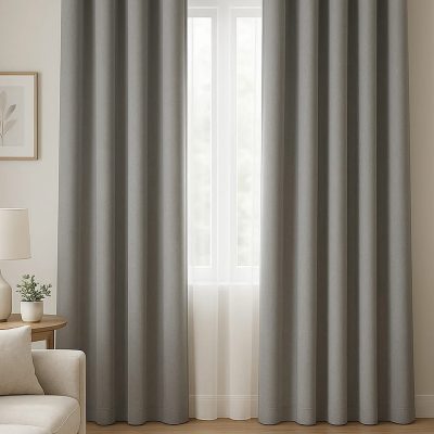 SET DRAPERIE CATIFEA GRI DESCHIS ,PERDEA TRIPLUVOAL ALB.                             Cod.  Produs:32865