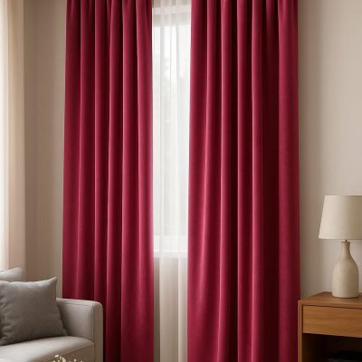 SET DRAPERIE CATIFEA CULOARE VIȘIN BORDO , PERDEA TRIPLUVOAL ALB.          Cod.  Produs:329978