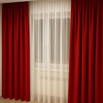 SET DRAPERIE CATIFEA CULOARE ROȘU , PERDEA TRIPLUVOAL ALB.                            Cod. Produs:326287