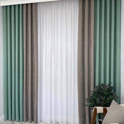 SET DRAPERIE CATIFEA  CULOARE  GRI CU VERDE DESCHIS  SALVIE ,PERDEA TRIPLUVOAL ALB.                                                            Cod.  Produs:219970