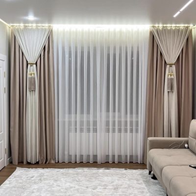 Set Draperie Catifea Maro deschis cu Alb + Perdea TripluVoal Alb.                              Cod: 3322765