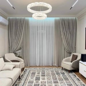 Draperii catifea gri oțel + perdea tripluvoal albă. Cod produs: 810382