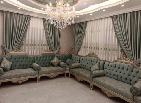 Set draperii verde salvie cu perdea brodată – Model Elegant 06
