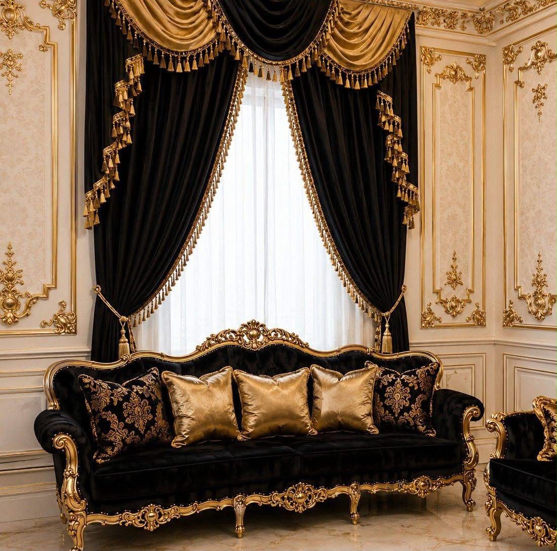 Set drapaj negru și auriu cu perdea albă – Model Noir Gold 08