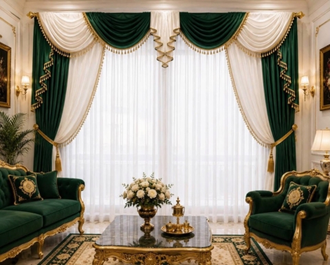 Set drapaj verde smarald și crem cu perdea albă – Model Emerald 13