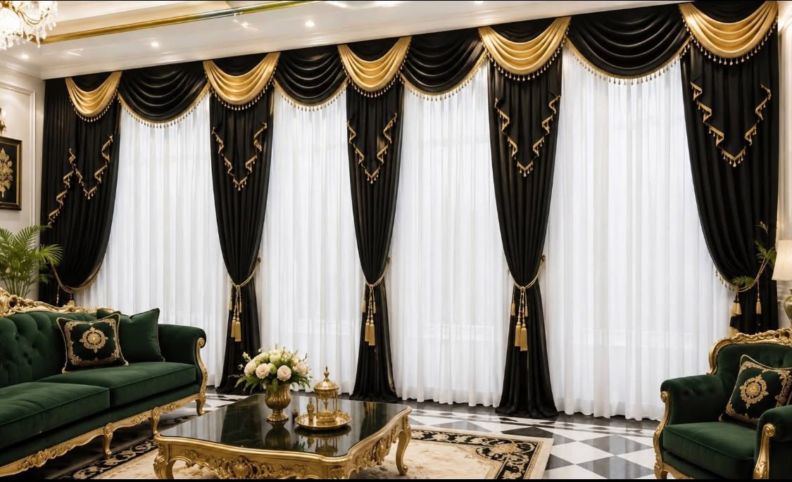 Set drapaj negru și auriu pentru ferestre ample – Model Grand 14